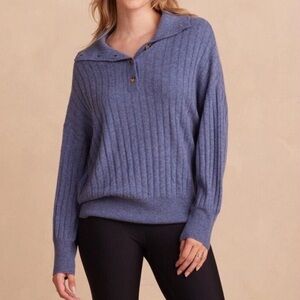 Summersalt The Coziest Cashmere Blend Ribbed Half Button Sweater Steel Blue S